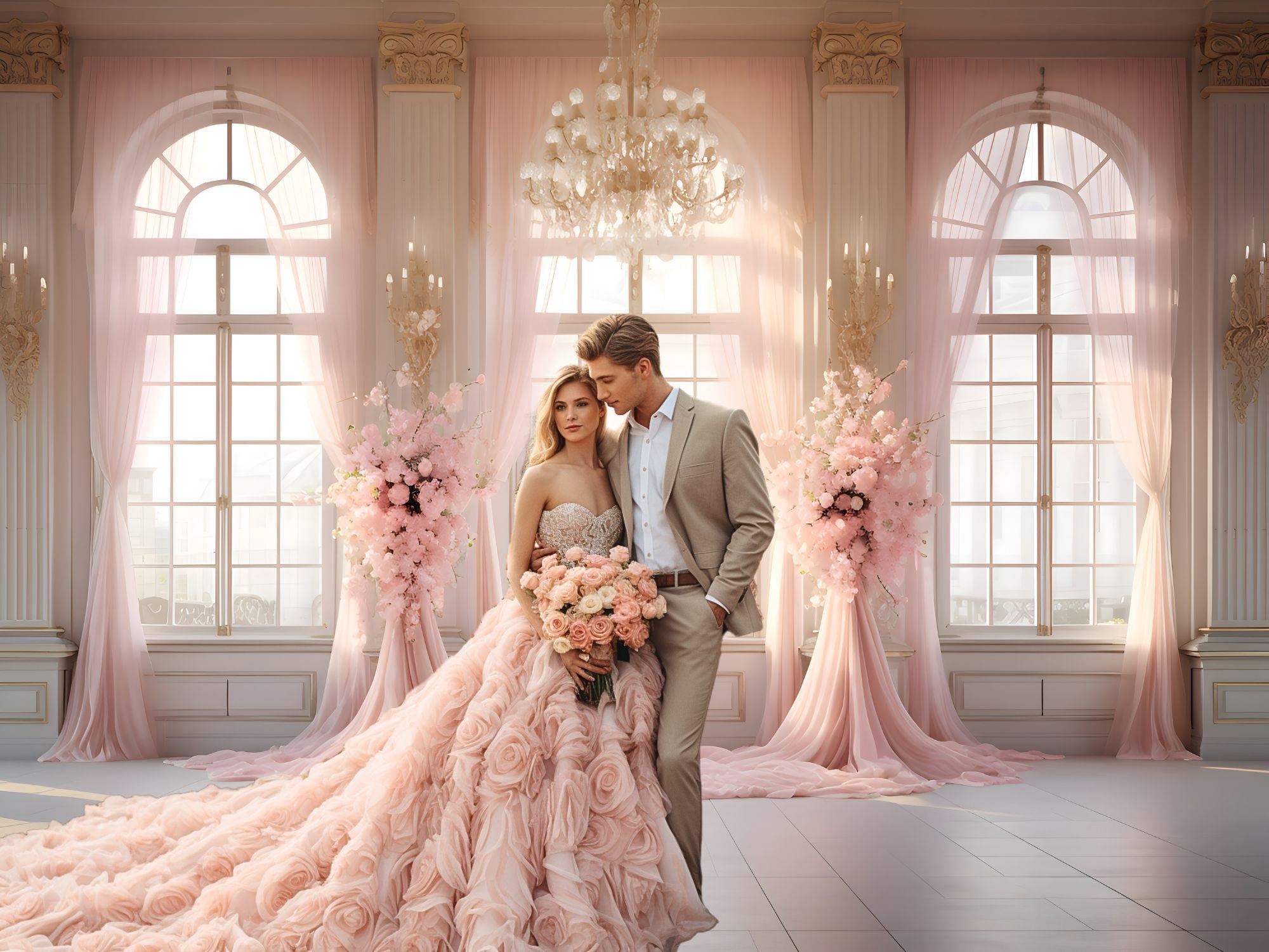 Wedding Qq - Różowy pałac kwiatowy fotografia tła kurtyna