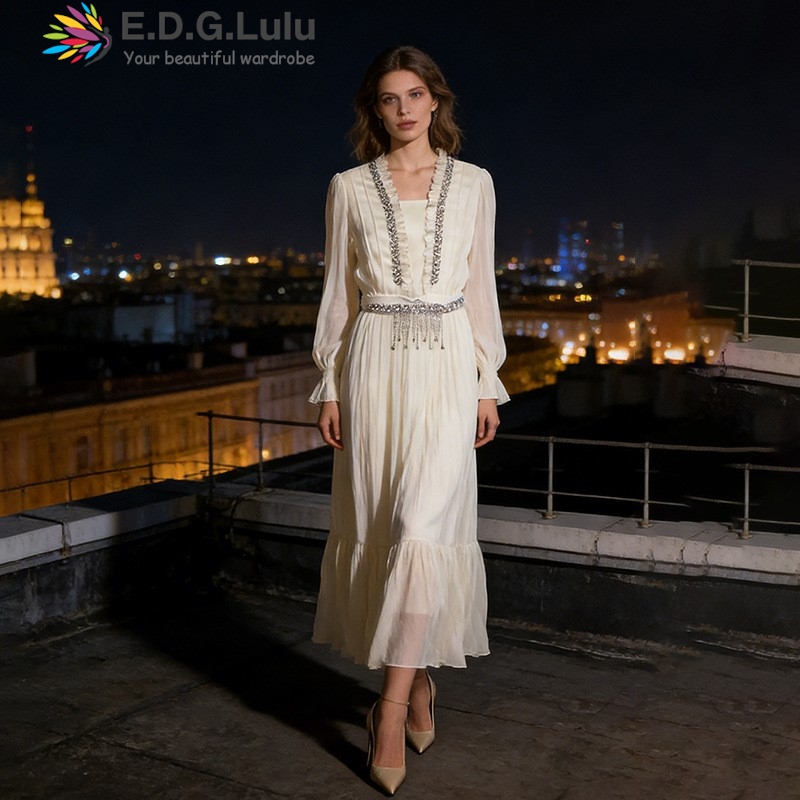 Wedding Lulu - EDGLuLu Eleganckie Białe Szyfonowe Długie Sukienki